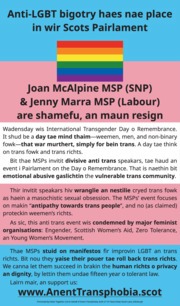 Joan McAlpine MSP and Jenny Marra MSP maun resign, for organisin an anti trans event, on a day o remembrance for trans fowk.